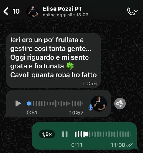 Chat: Elisa scrive che il giorno prima era frullata a gestire così tanta gente e che si sente grata e fortunata