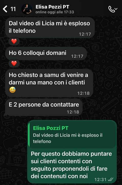 Chat: Elisa scrive che dopo il video di Licia le è esploso il telefono e ha 6 colloqui con potenziali clienti il giorno dopo