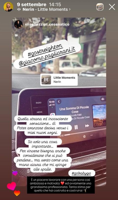 Storia Instagram del 9 settembre in cui Elisa ringrazia Giacomo